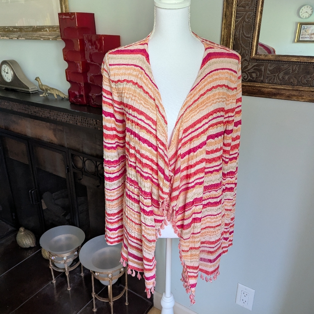 Chico's Women's Medium Tassel Trim Wave Striped Cardigan Pink Tan Open Front 139